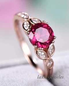 3CT Round Cut Real Red Ruby Leaf Style Engagement Wedding Ring 14K Rose Gold FN - Picture 1 of 6