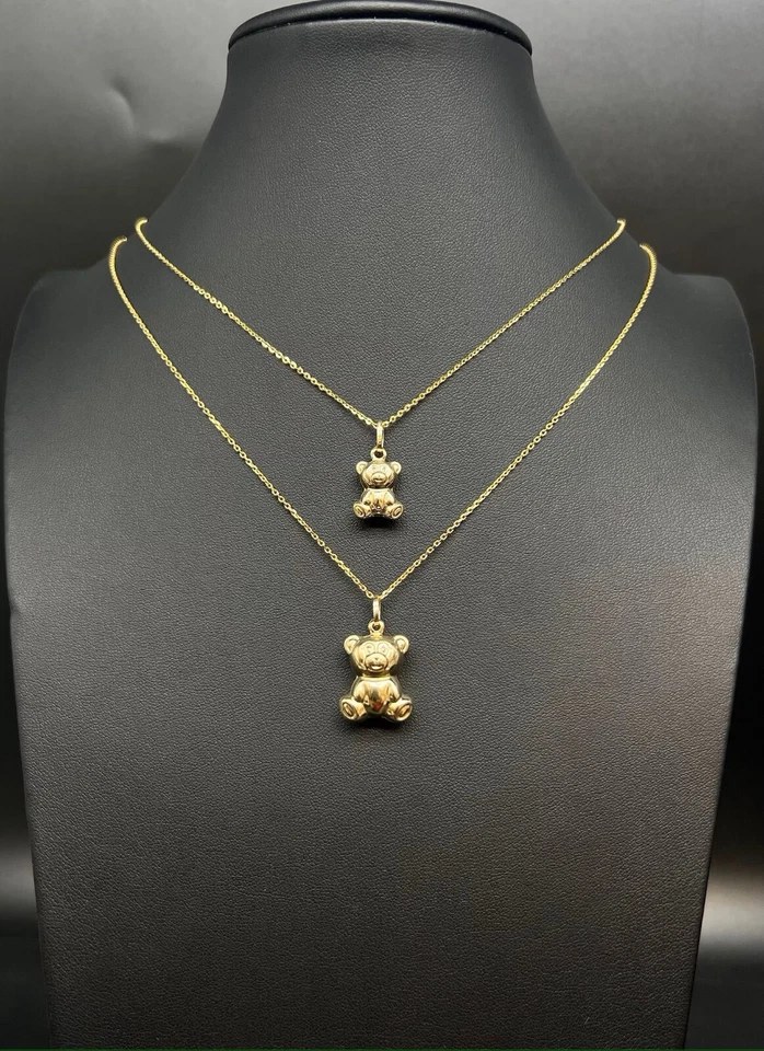 Oso de peluche inflado de oro sólido real de 14 K, collar de cadena de cable de 1,3 mm de oro real de 14 k Foto 1 de 4