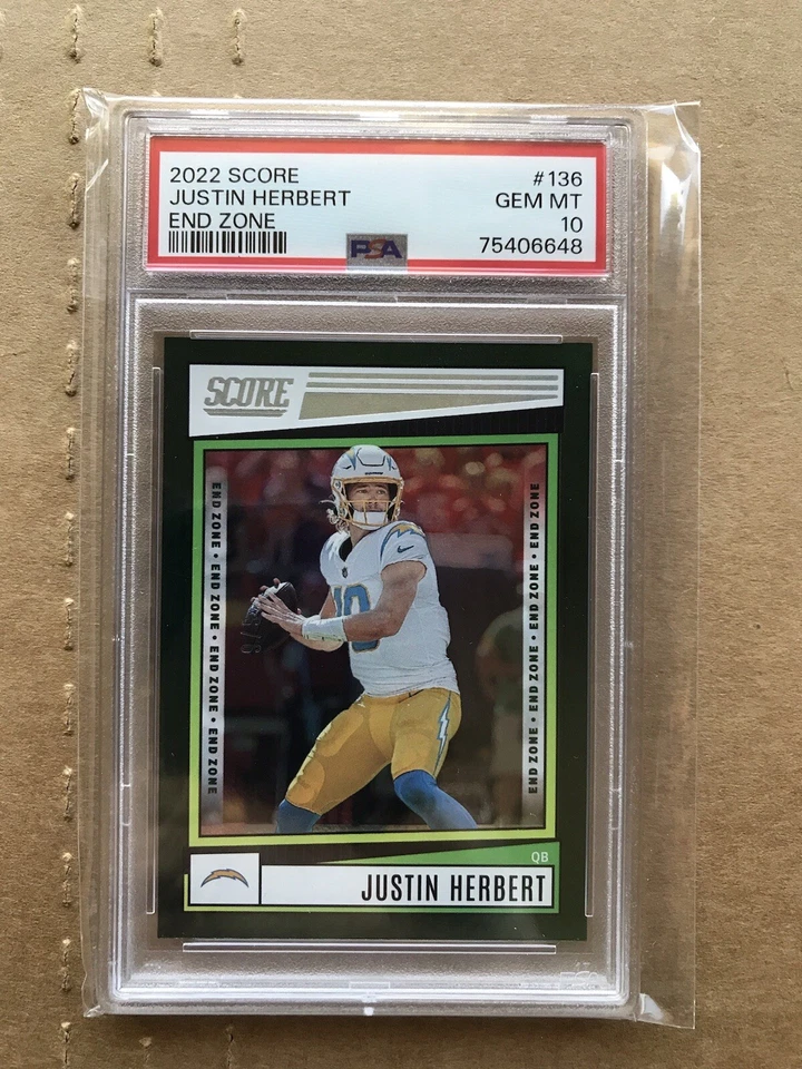 2022 Score Panini Justin Herbert Green END ZONE /6 PSA 10 Gem Mint 136 SSP  - Image 1 of 4