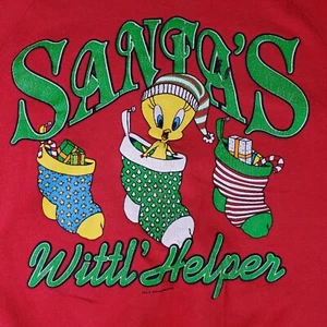 Vintage 1993 Tweety Bird Santa's Helper Red Sweatshirt Size L Distressed - Picture 1 of 8
