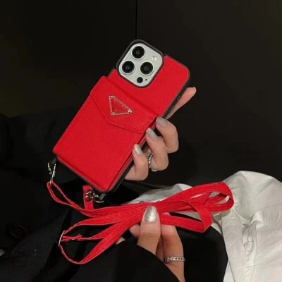 Crossbody Designer Triangle Card Holder Wallet Case for iPhone 16 15 14 Pro Max - Image 1 of 4