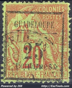 GUADELOUPE ALPHÉE DUBOIS 25c SUR 20c BRIQUE SUR VERT N° 5 AVEC OBLITERATION - Picture 1 of 2