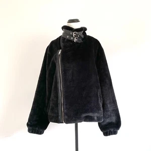 BUBISH Orlando black faux fur buckle asymmetric zip bomber jacket sz L - Picture 1 of 12