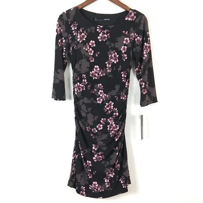 Vestido feminino Chetta B tamanho 6 cinza floral fosco jersey franzido manga 3/4 - Imagem 1 de 4