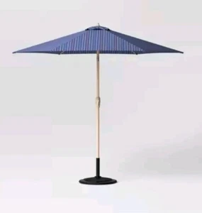 9' Round Dashed Lines Outdoor Patio Market Umbrella with Faux Wood Pole - - Picture 1 of 8
