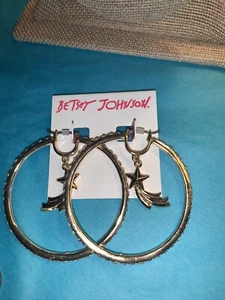 $38 Betsey Johnson gold tone Rhinestone drop Hoop earrings With Dangle Star - Picture 1 of 4