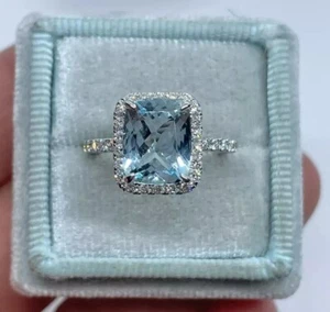 4.20 Ct Cushion Cut Simulated Aquamarine Halo Wedding Ring 14k White Gold Plated - Picture 1 of 6