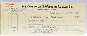 Zanesville & Western Railway Co Columbus OH Antique Bank Check 1908 DL&WRR