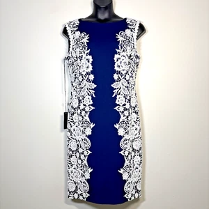 Vestido TADASHI SHOJI 16 Azul Blanco Encaje Superpuesto Cremallera Buceo Elástico Midi Funda Nuevo - Imagen 1 de 15