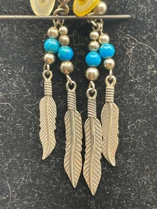 Sterling Silver feather earrings w/ turquoise & silver beads - Picture 1 of 4
