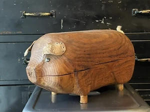 Folk Art Hand Carved Wood Pig Boar Eyes Metal Tail Primitive - Picture 1 of 7