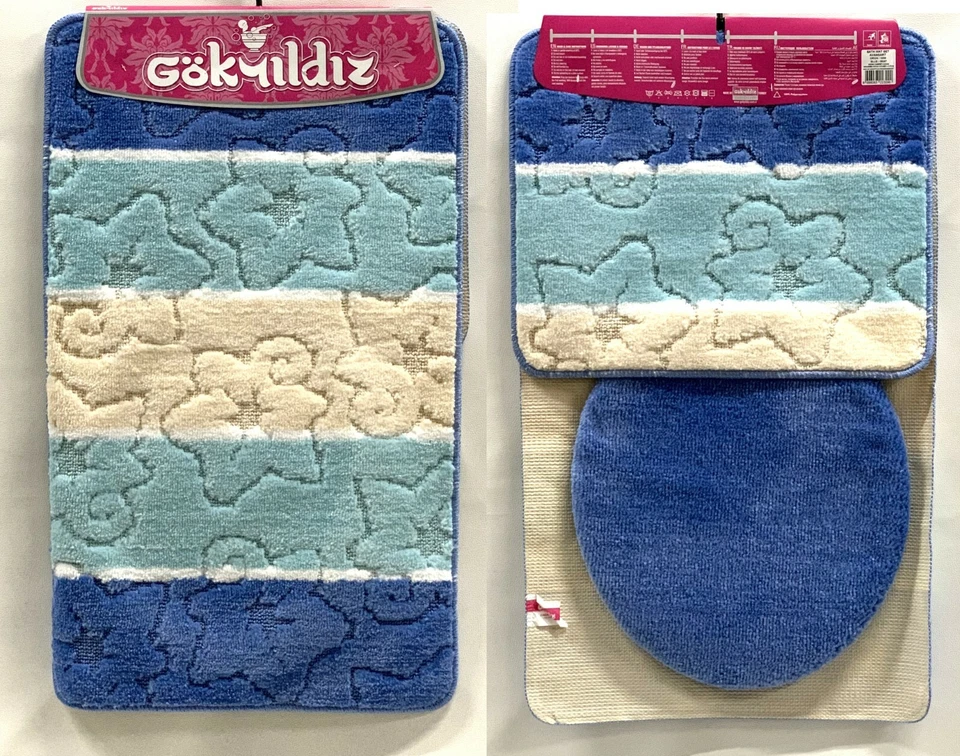 BADGARNITUR 3-TEILIG BADMATTE BADTEPPICH BADVORLEGER 80 x 50cm blau Ohne - Bild 1 von 1