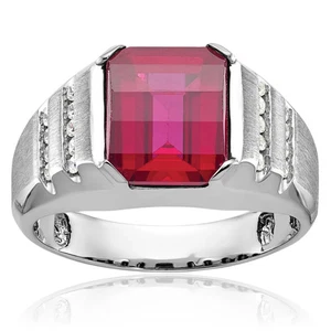 14K Solid White Gold Mens Lab Ruby Diamond Statement Ring - Picture 1 of 11