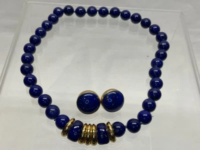 Vintage Lapis Bead Necklace - 18K Clasp with Earrings - Image 1 of 4