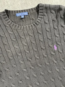 Vintage Ralph Lauren Cable Knit Cotton Sweater Crewneck Black Logo Large - Picture 1 of 9