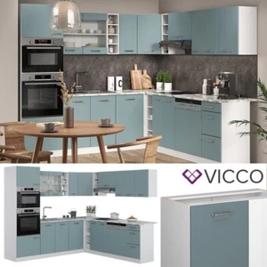 Eckküche R-Line Solid Weiß Blau Grau 247x237 cm modern Küchenschränke Vicco - Bild 1 von 7