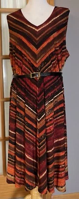 Vestido midi años 90 R&M Richards con cinturón 18W Borgoña Naranja Chevron Ropa de trabajo Fiesta Foto 1 de 4