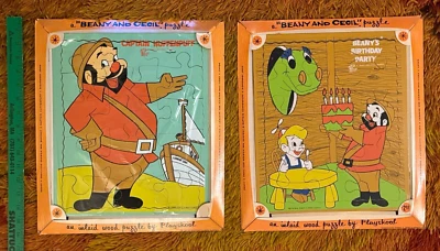 Raro 1962 Beany and Cecil Playskool (2) rompecabezas de madera con incrustaciones, ¡embalaje original! Foto 1 de 4