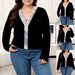 PLUS SIZE ⭐ Women V Neck Sequin Tops Ladies Long Sleeve Casual Shirt Blouse US - Picture 1 of 17