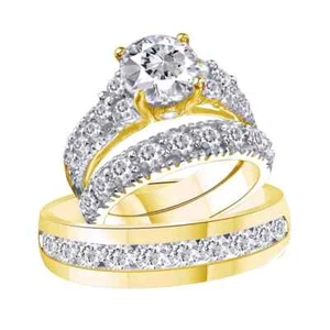 Diamond 14K Yellow Gold FN Trio His Her Bridal Wedding Band Lab-Created Ring Set - Picture 1 of 4