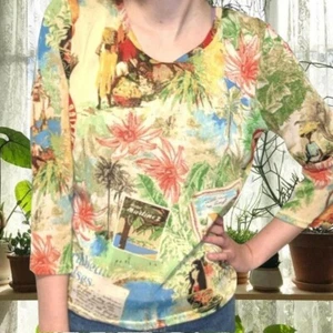 Vintage Tropical Blouse Mexico Green Multicolor  Women's - Picture 1 of 4