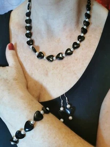 Edelsteinkette, schwarzer Onyx Halskette Armband und gratis Ohrringe - Bild 1 von 2