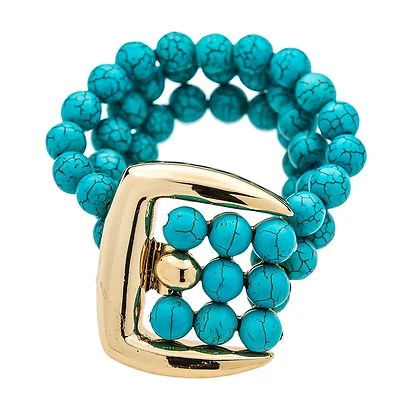 Kenneth Jay Lane 3 行绿松石珠带抛光金扣环手链 — 第 1/3 张图片