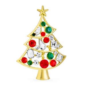 Large Statement Crystal Holly Christmas Tree & Bell Scarf Brooch Pin Gold Plated - Picture 1 of 14