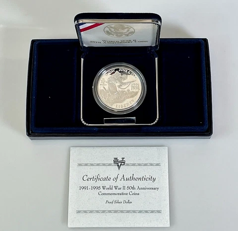 1995 WW2 Commemorative Proof Silver Dollar, Packaging COA Cover