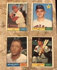 4 1961 Topps Baseball Cards - Mays, Francona, Allen, Walters