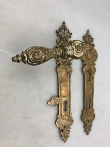 Antiker großer Haustür Griff Drückergarnitur + 2x Langschild Messing um 1890/19 - Picture 1 of 6