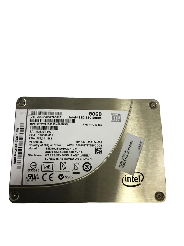 HP intel 80GB SFF SSD Solid State Hard Drive SSDSA2BW080G3H  2.5"652184-002 - Image 1 of 3