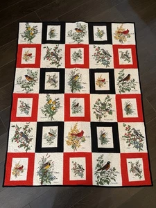 Handarbeit Quilt 62x48" rot schwarz Vogel Blöcke Kardinäle Oriolen Rotkehlchen Weihnachten - Bild 1 von 19