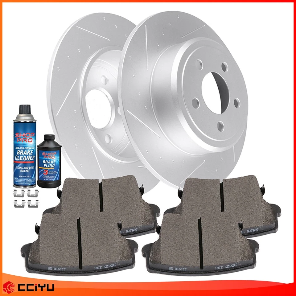 Fits 09-17 Dodge Challenger Rear Slotted Brake Rotors Discs And Ceramic Pads - Image 1 of 4