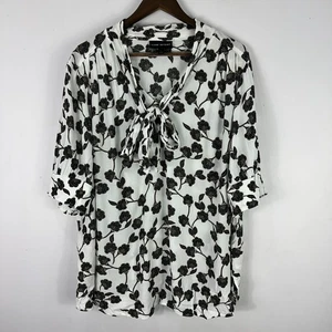Top Lane Bryant 18 Negro Blanco Floral Cuello Atado Boho Romántico Cottagecore Oficina - Imagen 1 de 7