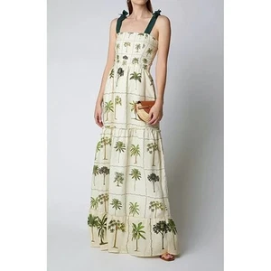 Agua Bendita Herbarium Maxi Dress Palm Tree Floral Grid Squares Tie Shoulder M - Picture 1 of 17