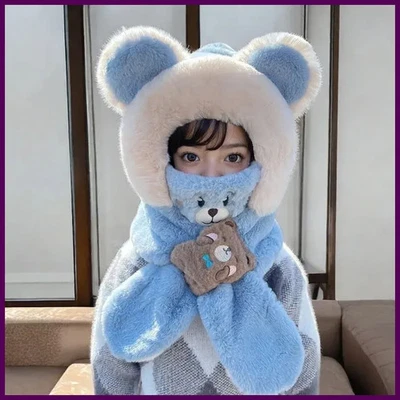 Invierno Niños Una Pieza Bufanda Sombrero + Máscara Linda Dibujos Animados Bebé Gorra Protección para las Orejas Foto 1 de 4