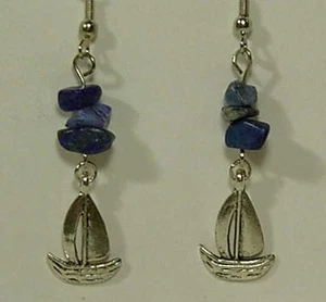 CYNTHIA LYNN "OUT TO SEA" NAUTICAL BLUE LAZULI LAPIS SAILBOAT EARRINGS 2.25" - Picture 1 of 1