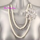 Big Bold Chic Multi-Strand Pearl Silver Floral Flower Corsage Vintage Necklace