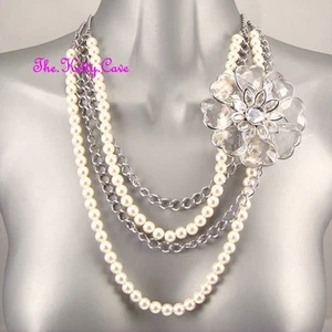 Gros Gras Chic Multi-Brins Perle Argent Floral Fleur Corsage Vintage Collier - Picture 1 of 4