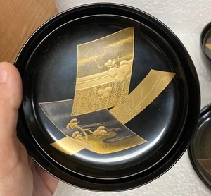 Set of 10 RARE antique Japanese Maki-e gold & black lacquer bowls w/wood box - Picture 1 of 12