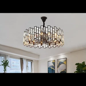 24"Modern Round Crystal Chandelier Black Ceiling Light Adjustable Chain - Picture 1 of 10