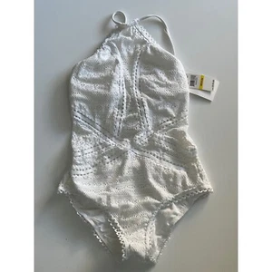 Becca White Crochet Cutout One piece Swimsuit missing cup inserts size Medium - Picture 1 of 5
