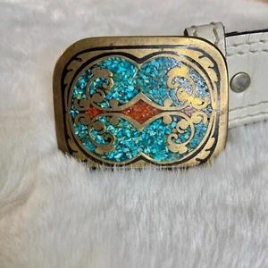 Chambers Phoenix Vintage Arizona White Stitch Belt Turquoise Coral Brass Buckle - Picture 1 of 8