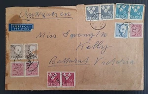 c. 1954 Sweden Airmail Cover ties 12 stamps cd Ovesholm-Ballarat - Bild 1 von 2