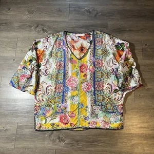 Johnny Was Sorbet Floral Print Silk Multicolor Blouse Top 3/4 Sleeves Sz M EUC - Picture 1 of 10