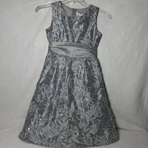 Rare Editions Silver Gray Floral Pattern Sequin Party Dress Girls Sz 12 Wedding - Picture 1 of 11