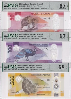 Philippines Set 3; 50 100 500 Piso 2025 P 249-252 Superb Gem UNC PMG 67 68 EPQ - Image 1 of 4