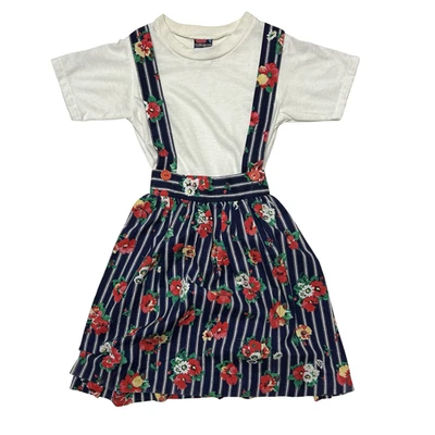 Vintage Silver Unicorn Dress Girls 8 White Navy Floral Suspender Skirt 80s 90s - Image 1 of 4