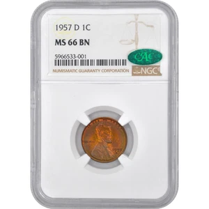 1957-D 1C Lincoln Wheat Cent Penny NGC MS66BN CAC - Lovely Dual Sided Toning - Picture 1 of 5